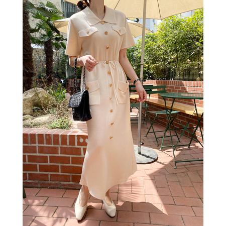 韩国chic法式气质金属扣翻领系带收腰毛衣针织连衣裙 服裝批發女裝批發服飾貨源