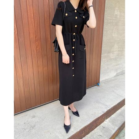 韩国chic法式气质金属扣翻领系带收腰毛衣针织连衣裙 服裝批發女裝批發服飾貨源