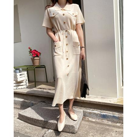 韩国chic法式气质金属扣翻领系带收腰毛衣针织连衣裙 服裝批發女裝批發服飾貨源