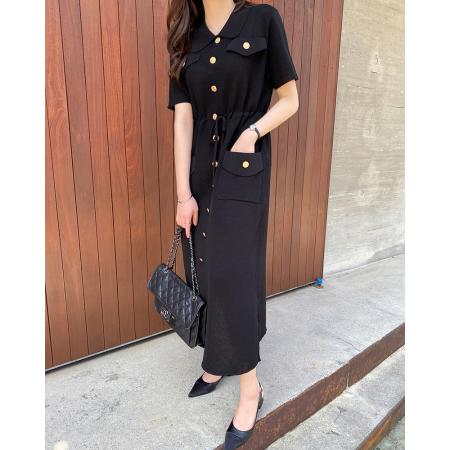 韩国chic法式气质金属扣翻领系带收腰毛衣针织连衣裙 服裝批發女裝批發服飾貨源