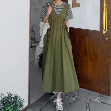 韩国chic复古百搭宽松抽绳系带收腰背心裙女 服裝批發女裝批發服飾貨源