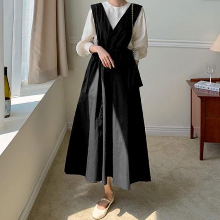 BY12733# 韩国chic复古百搭宽松抽绳系带收腰背心裙女 服裝批發女裝批發服飾貨源