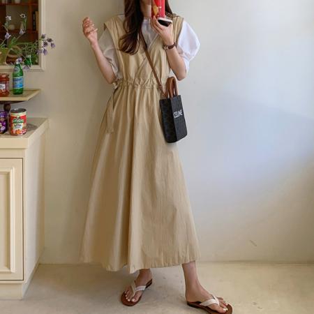 BY12733# 韩国chic复古百搭宽松抽绳系带收腰背心裙女 服裝批發女裝批發服飾貨源