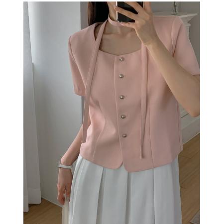 韩国chic法式圆领飘带单排扣粗纺小香风外套上衣 服裝批發女裝批發服飾貨源