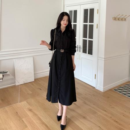 韩国chic秋冬法式气质系带收腰连衣裙女 服裝批發女裝批發服飾貨源