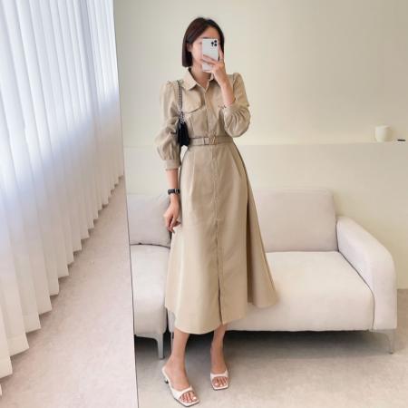 韩国chic气质复古系带收腰大裙摆连衣裙女 服裝批發女裝批發服飾貨源