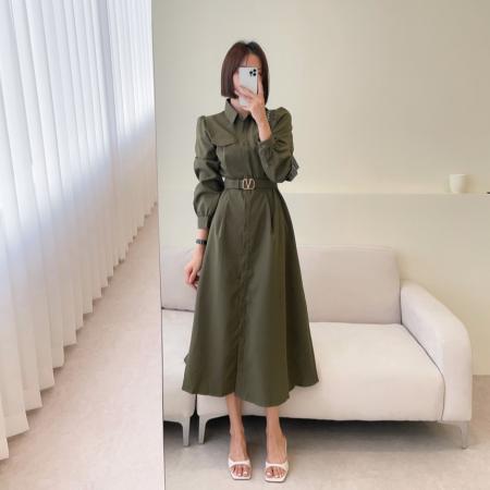 韩国chic气质复古系带收腰大裙摆连衣裙女 服裝批發女裝批發服飾貨源