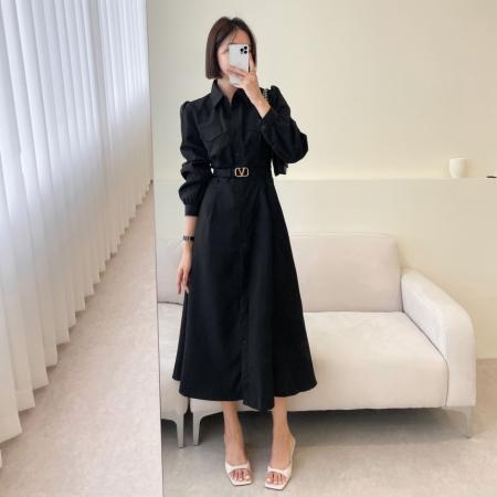 韩国chic气质复古系带收腰大裙摆连衣裙女 服裝批發女裝批發服飾貨源