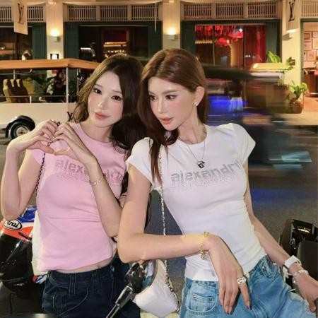 李婉君韩版棉字母烫钻修身圆领T恤短袖女士夏新款显瘦上衣潮 服裝批發女裝批發服飾貨源
