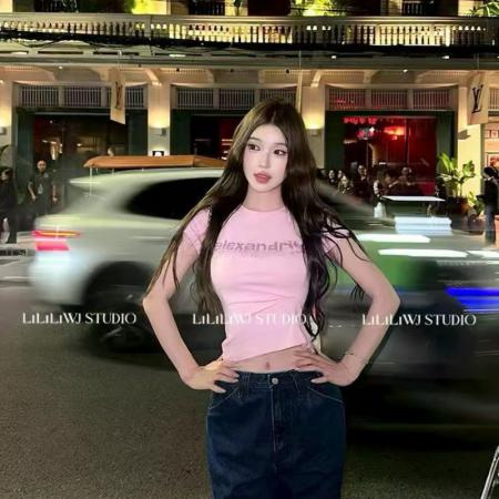 李婉君韩版棉字母烫钻修身圆领T恤短袖女士夏新款显瘦上衣潮 服裝批發女裝批發服飾貨源