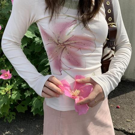 人棉原版做工百合花语印花烫钻毛绒打底长袖 服裝批發女裝批發服飾貨源