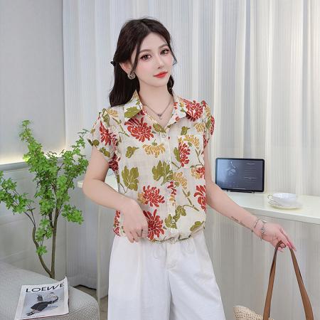 夏季新款翻领碎花设计短袖衬衫韩版精致气质遮肉百搭上衣 服裝批發女裝批發服飾貨源