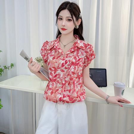 夏季新款翻领碎花设计短袖衬衫韩版精致气质遮肉百搭上衣 服裝批發女裝批發服飾貨源