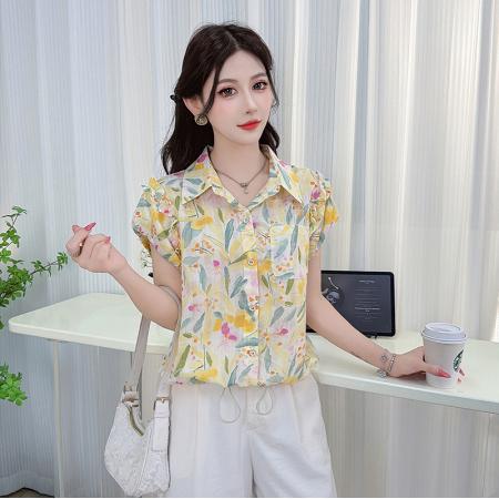 夏季新款翻领碎花设计短袖衬衫韩版精致气质遮肉百搭上衣 服裝批發女裝批發服飾貨源