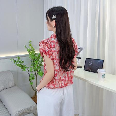 夏季新款翻领碎花设计短袖衬衫韩版精致气质遮肉百搭上衣 服裝批發女裝批發服飾貨源