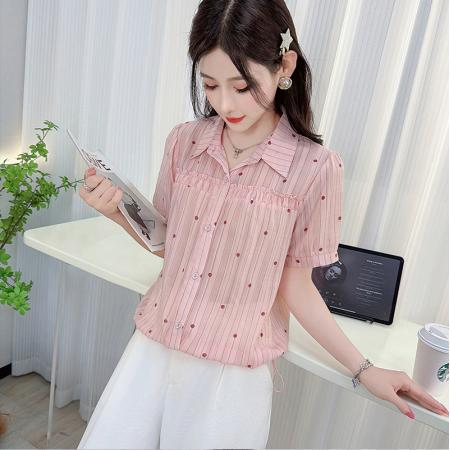 夏季新款翻领波点设计短袖衬衫精致气质遮肉百搭外穿上衣 服裝批發女裝批發服飾貨源
