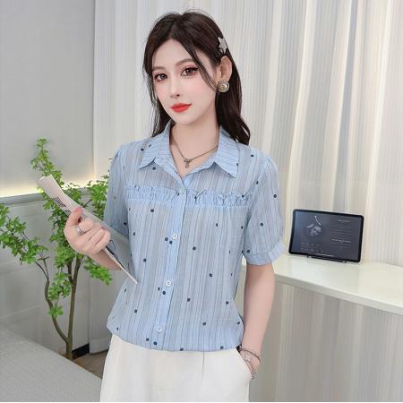 夏季新款翻领波点设计短袖衬衫精致气质遮肉百搭外穿上衣 服裝批發女裝批發服飾貨源