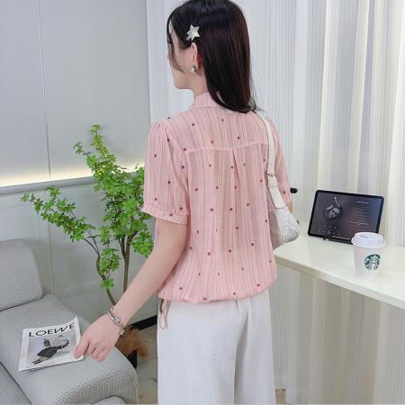 夏季新款翻领波点设计短袖衬衫精致气质遮肉百搭外穿上衣 服裝批發女裝批發服飾貨源
