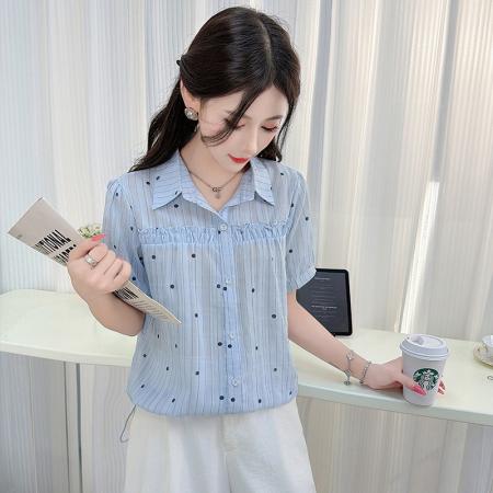 夏季新款翻领波点设计短袖衬衫精致气质遮肉百搭外穿上衣 服裝批發女裝批發服飾貨源