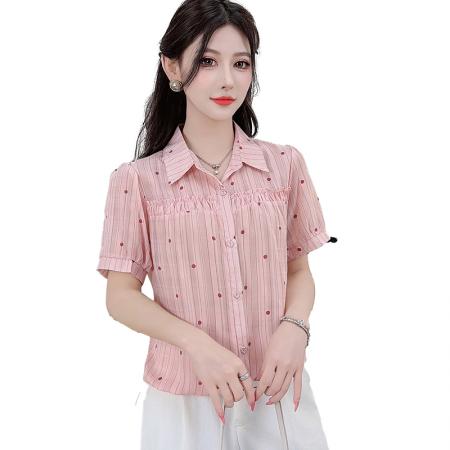 夏季新款翻领波点设计短袖衬衫精致气质遮肉百搭外穿上衣 服裝批發女裝批發服飾貨源