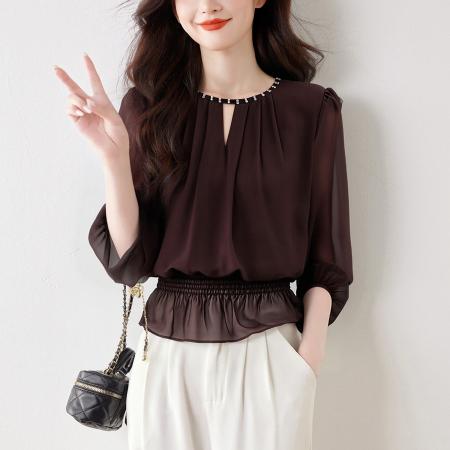 雪纺上衣女长袖春季新款收腰显瘦荷叶边上衣气质通勤衬衣 服裝批發女裝批發服飾貨源