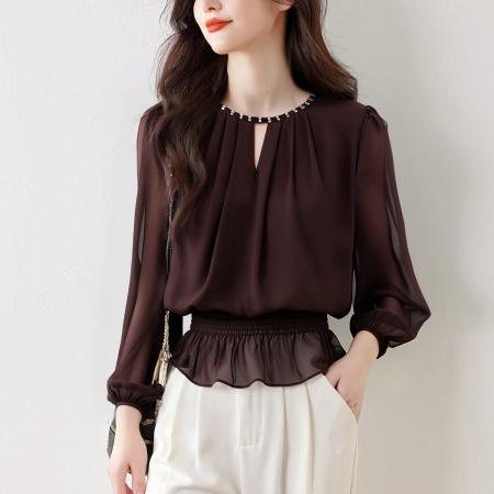 雪纺上衣女长袖春季新款收腰显瘦荷叶边上衣气质通勤衬衣 服裝批發女裝批發服飾貨源