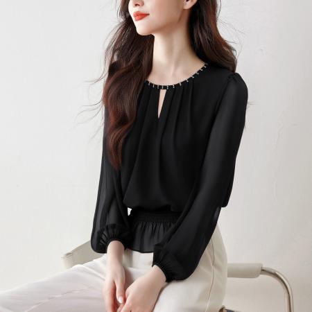 雪纺上衣女长袖春季新款收腰显瘦荷叶边上衣气质通勤衬衣 服裝批發女裝批發服飾貨源