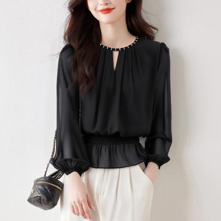 雪纺上衣女长袖春季新款收腰显瘦荷叶边上衣气质通勤衬衣 服裝批發女裝批發服飾貨源