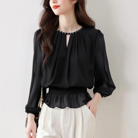 雪纺上衣女长袖春季新款收腰显瘦荷叶边上衣气质通勤衬衣 服裝批發女裝批發服飾貨源