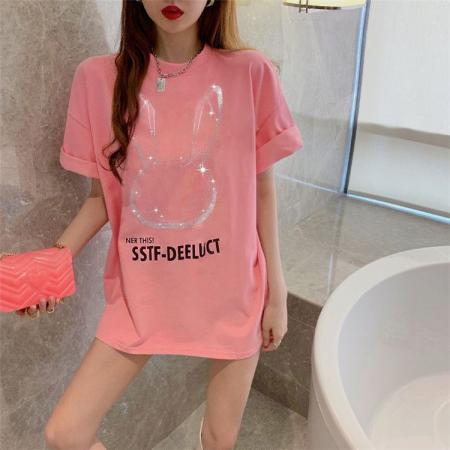 纯棉欧洲站重工卡通烫钻宽松短袖t恤女ins潮新款夏季韩版上衣服 服裝批發女裝批發服飾貨源