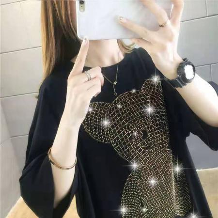 纯棉欧洲站重工卡通烫钻宽松短袖t恤女ins潮新款夏季韩版上衣服 服裝批發女裝批發服飾貨源