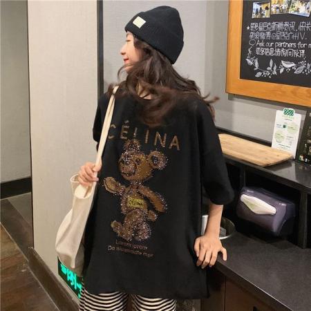 纯棉欧洲站重工卡通烫钻宽松短袖t恤女ins潮新款夏季韩版上衣服 服裝批發女裝批發服飾貨源