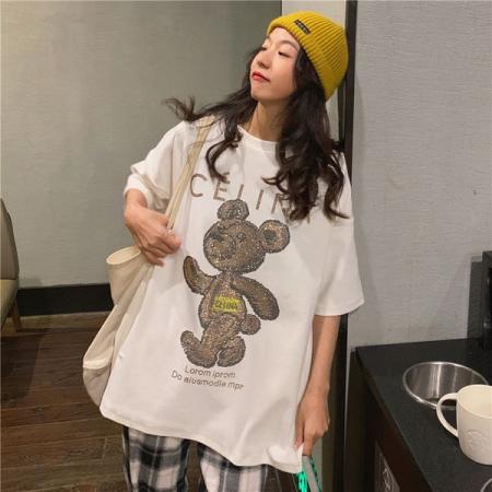 纯棉欧洲站重工卡通烫钻宽松短袖t恤女ins潮新款夏季韩版上衣服 服裝批發女裝批發服飾貨源