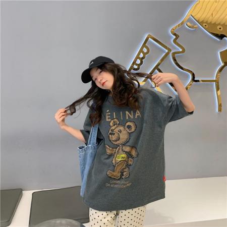 纯棉欧洲站重工卡通烫钻宽松短袖t恤女ins潮新款夏季韩版上衣服 服裝批發女裝批發服飾貨源