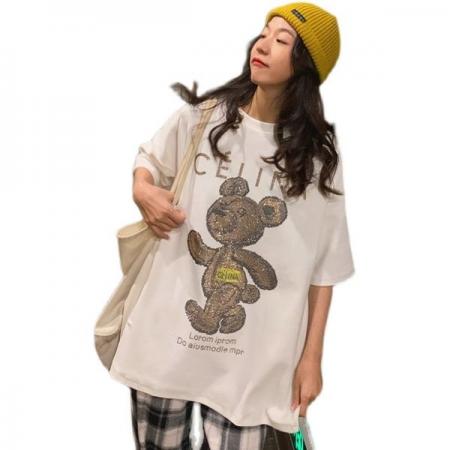 纯棉欧洲站重工卡通烫钻宽松短袖t恤女ins潮新款夏季韩版上衣服 服裝批發女裝批發服飾貨源