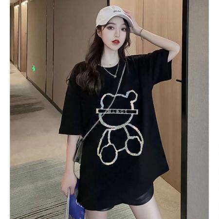 纯棉欧洲站重工卡通烫钻宽松短袖t恤女ins潮新款夏季韩版上衣服 服裝批發女裝批發服飾貨源