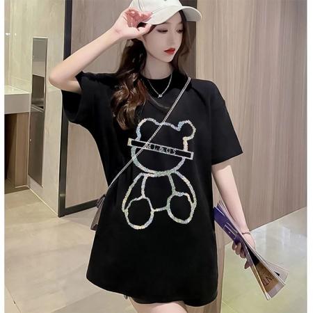 纯棉欧洲站重工卡通烫钻宽松短袖t恤女ins潮新款夏季韩版上衣服 服裝批發女裝批發服飾貨源