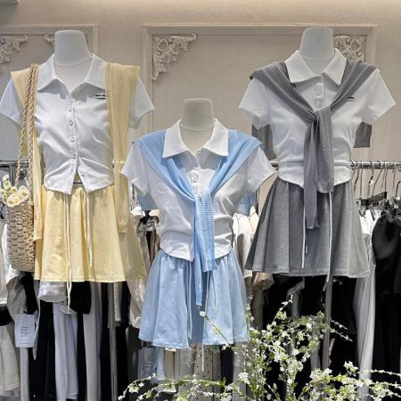 原版纯棉拉架夏季新款韩系翻领短袖T恤配披肩显瘦短裙三件套套装 服裝批發女裝批發服飾貨源