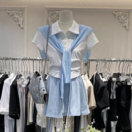 原版纯棉拉架夏季新款韩系翻领短袖T恤配披肩显瘦短裙三件套套装 服裝批發女裝批發服飾貨源