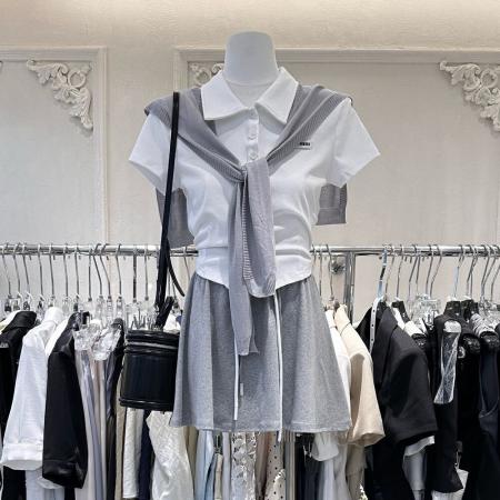 原版纯棉拉架夏季新款韩系翻领短袖T恤配披肩显瘦短裙三件套套装 服裝批發女裝批發服飾貨源