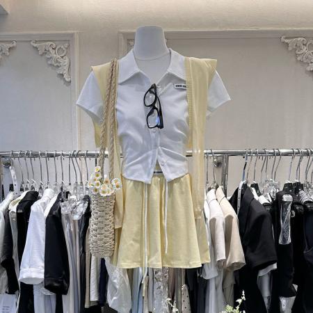 原版纯棉拉架夏季新款韩系翻领短袖T恤配披肩显瘦短裙三件套套装 服裝批發女裝批發服飾貨源