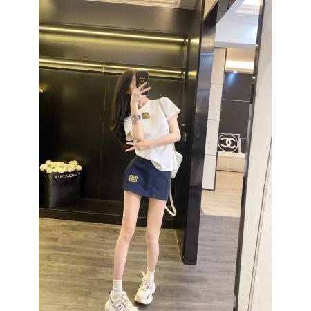 纯棉韩系学院风刺绣圆领字母短袖T恤女夏季高级感半身裙时尚套装 服裝批發女裝批發服飾貨源