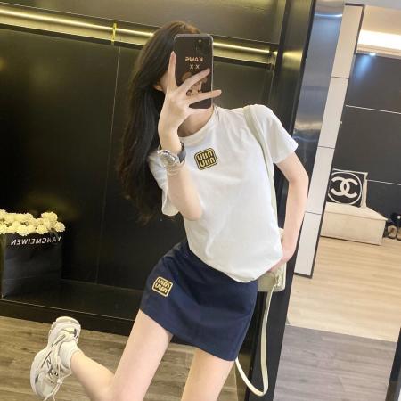 纯棉韩系学院风刺绣圆领字母短袖T恤女夏季高级感半身裙时尚套装 服裝批發女裝批發服飾貨源