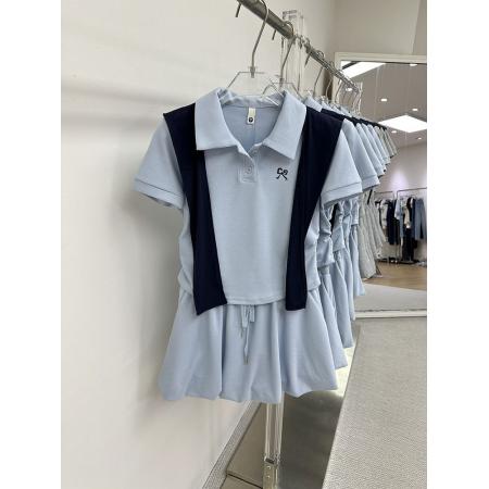 韩系学院风夏新款时尚套装女韩版宽松短袖上衣+高腰半身裙三件套 服裝批發女裝批發服飾貨源