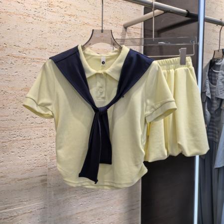 韩系学院风夏新款时尚套装女韩版宽松短袖上衣+高腰半身裙三件套 服裝批發女裝批發服飾貨源
