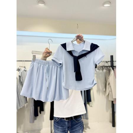 韩系学院风夏新款时尚套装女韩版宽松短袖上衣+高腰半身裙三件套 服裝批發女裝批發服飾貨源
