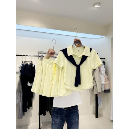 韩系学院风夏新款时尚套装女韩版宽松短袖上衣+高腰半身裙三件套 服裝批發女裝批發服飾貨源