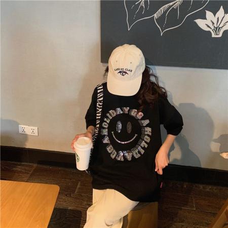 纯棉欧洲站重工卡通烫钻宽松短袖t恤女ins潮新款夏季韩版上衣服 服裝批發女裝批發服飾貨源