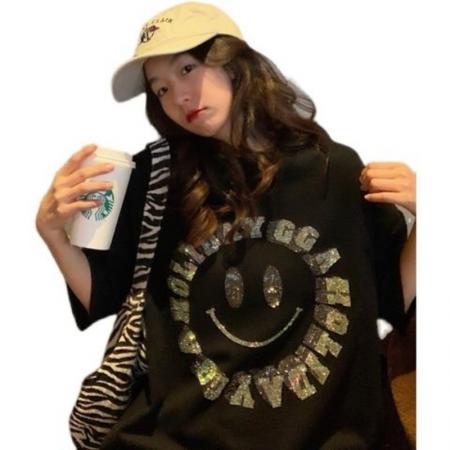 纯棉欧洲站重工卡通烫钻宽松短袖t恤女ins潮新款夏季韩版上衣服 服裝批發女裝批發服飾貨源