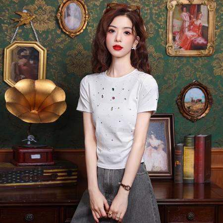 短款修身白t恤女新款爆款夏季高端独特别致烫钻短袖上衣 服裝批發女裝批發服飾貨源